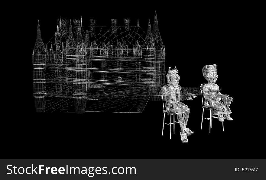 Render of white wire castle , queen and king behind them. Render of white wire castle , queen and king behind them