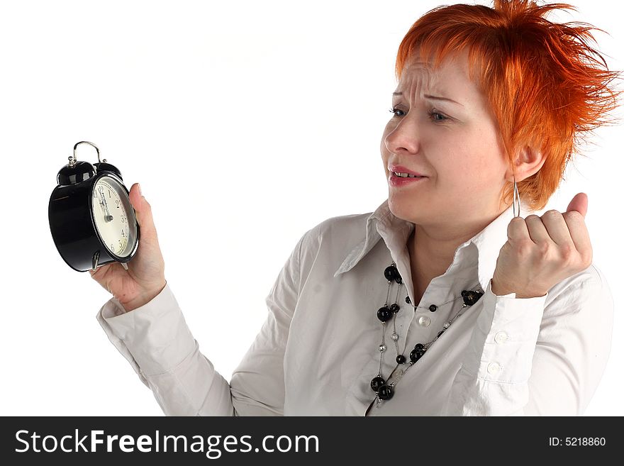 Business woman with clock. Time is over! Deadline concept