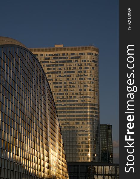 Skyscrapers and office towers with the  blue sky, La Defense, Paris. Skyscrapers and office towers with the  blue sky, La Defense, Paris