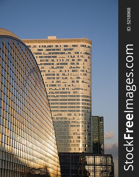 Skyscrapers and office towers with the  blue sky, La Defense, Paris. Skyscrapers and office towers with the  blue sky, La Defense, Paris