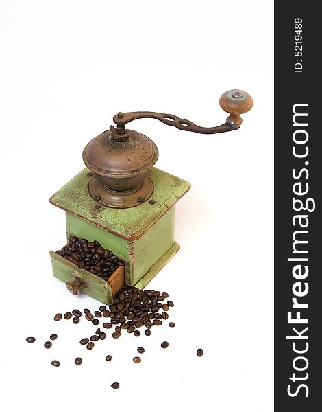 Old Coffee Grinder With Coffee Beans