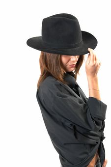 Girl In A Black Shirt And A Cowboy S Hat Royalty Free Stock Image