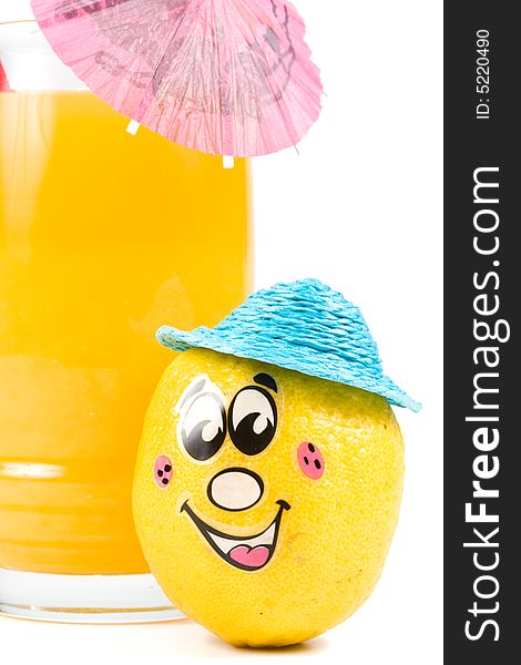 Cheerful little men from a fresh lemon and a juice glass isolated on a white background