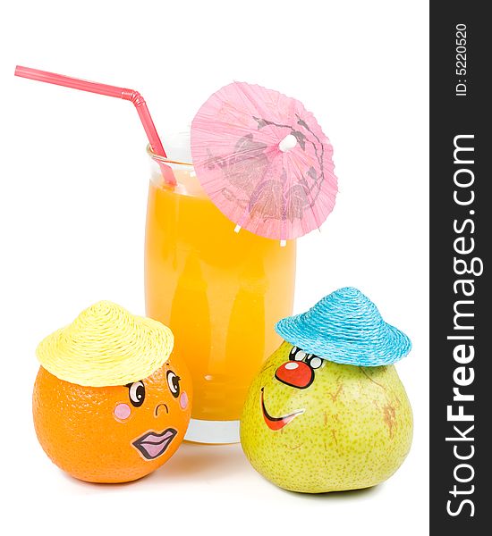 Cheerful little men from a fresh orange and pear and a juice glass isolated on a white background. Cheerful little men from a fresh orange and pear and a juice glass isolated on a white background