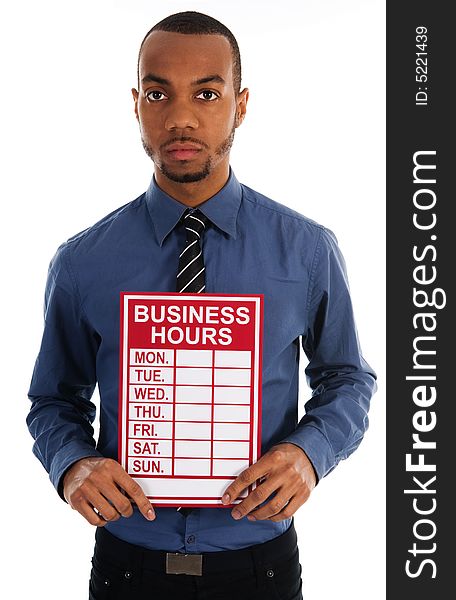 Business man holding a red sign on white. Business man holding a red sign on white