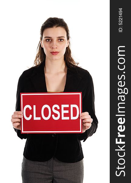 Business woman holding a red sign on white. Business woman holding a red sign on white