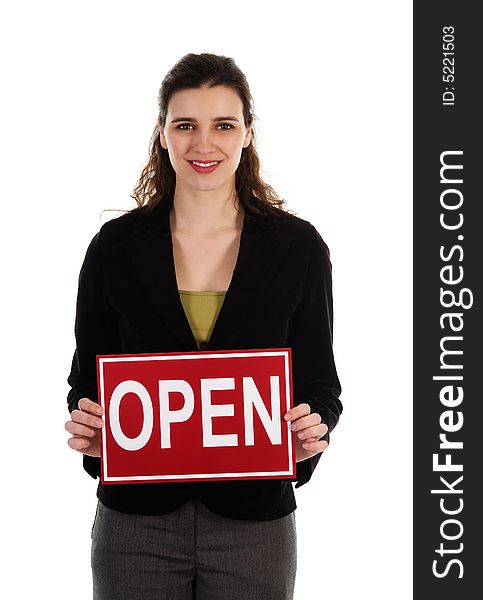 Business woman holding a red sign on white. Business woman holding a red sign on white