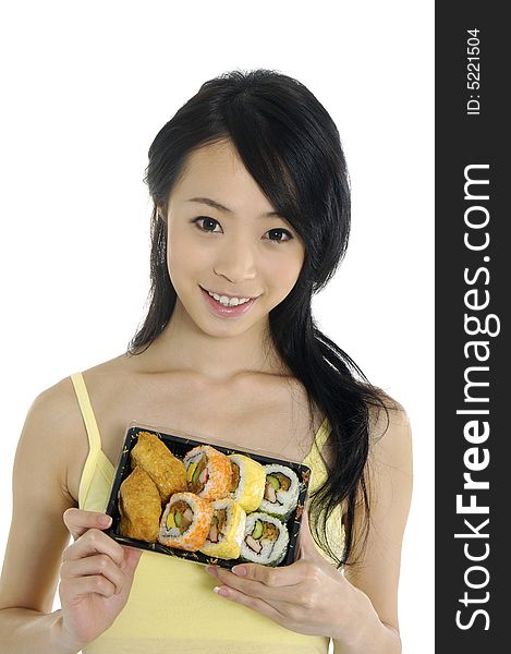Pretty smiling woman with sushi
