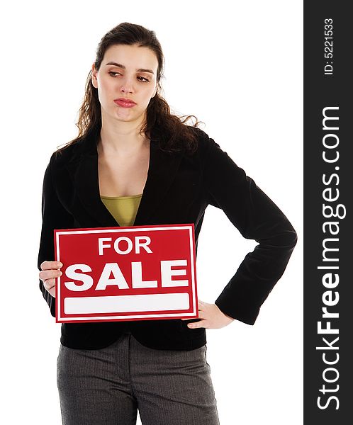 Business woman holding a red sign on white. Business woman holding a red sign on white