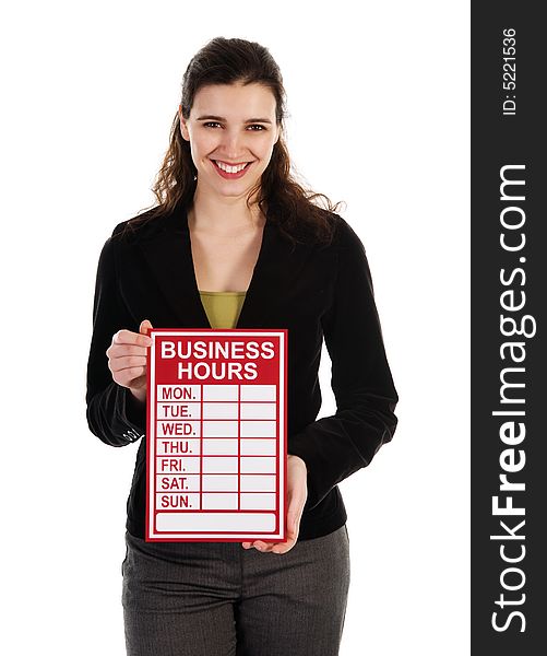 Business woman holding a red sign on white. Business woman holding a red sign on white