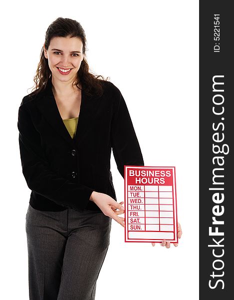 Business woman holding a red sign on white. Business woman holding a red sign on white