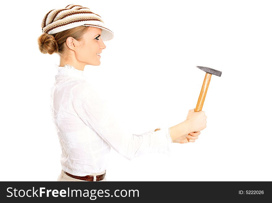 Cute blond lady holding a hammer on white background. Cute blond lady holding a hammer on white background