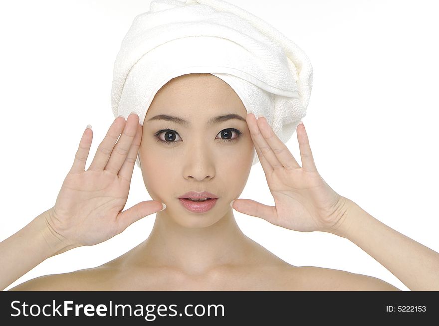 Portrait of Fresh and Beautiful woman wearing white towel on her head. Portrait of Fresh and Beautiful woman wearing white towel on her head