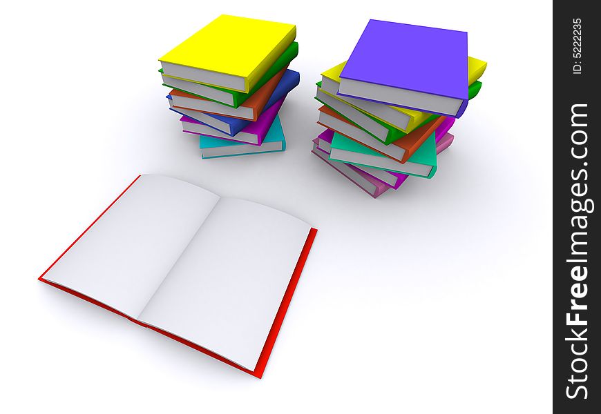 Open red book with two stacks of closed books. Open red book with two stacks of closed books