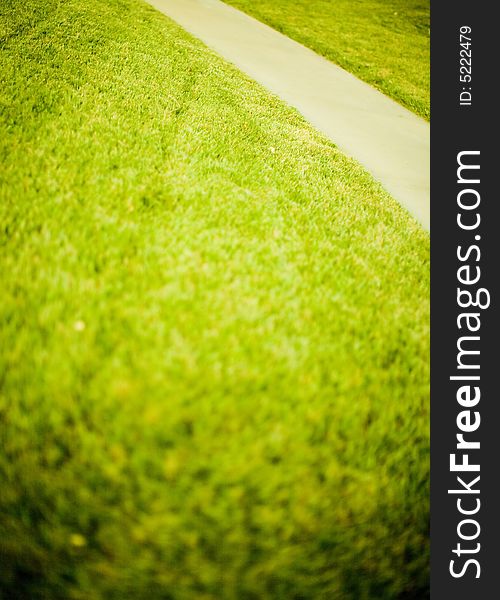 Green grass with sidewalk path in the summer. Green grass with sidewalk path in the summer