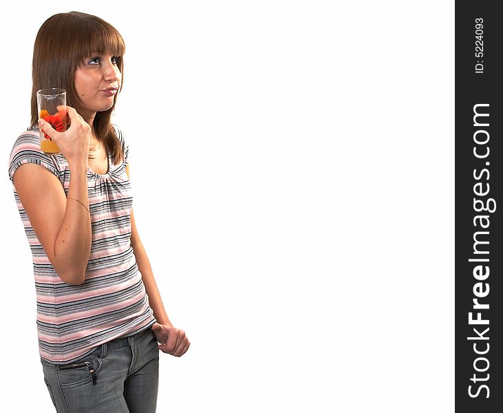 The girl drinking juice on a white background