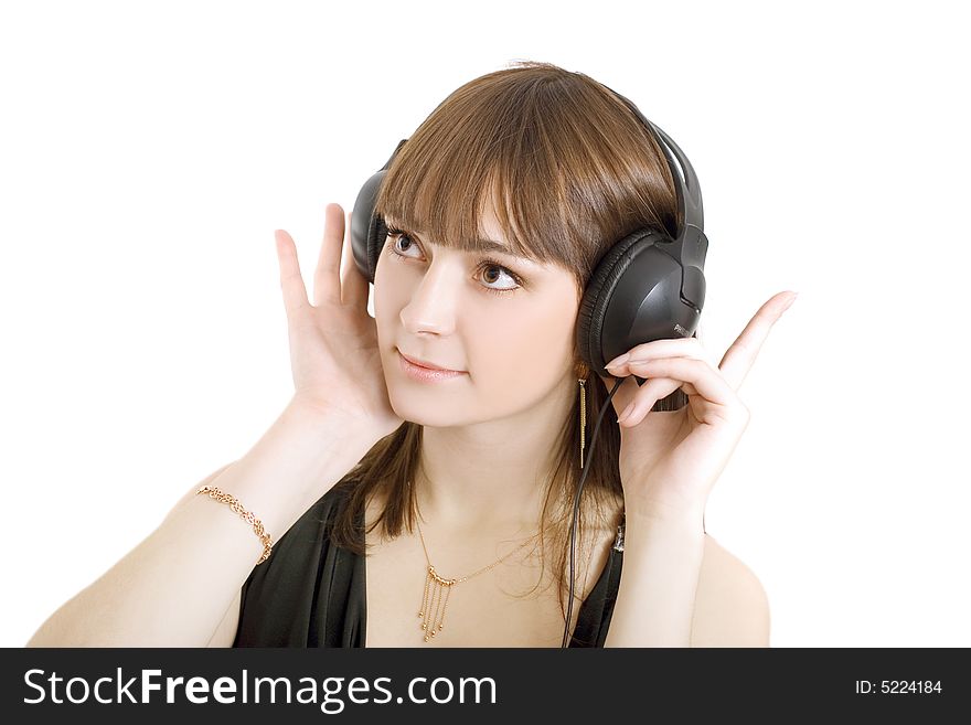 Portrait of a beautiful woman with earphones on white background. Portrait of a beautiful woman with earphones on white background