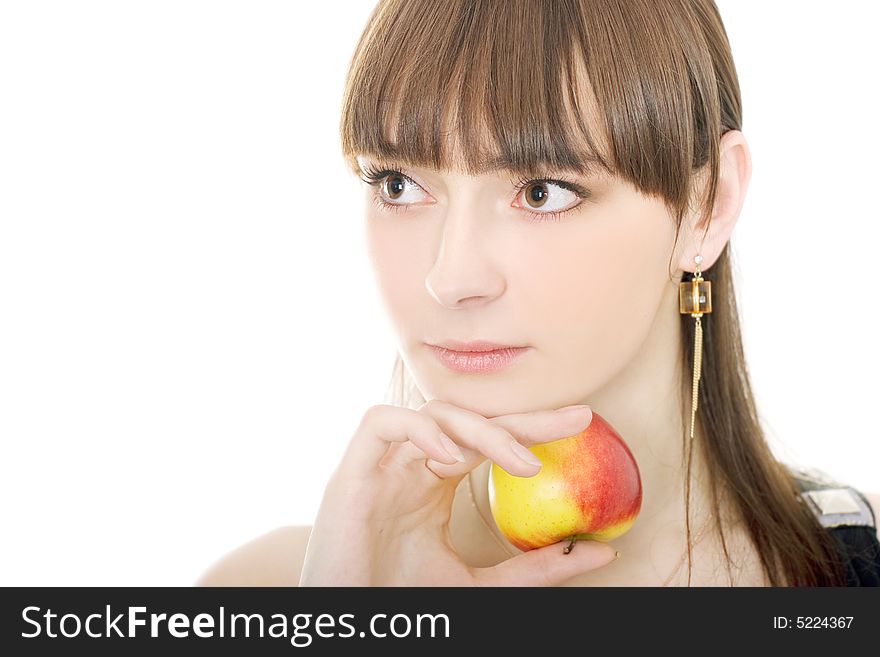 Portrait of cute brunette with an apple on white background. Portrait of cute brunette with an apple on white background