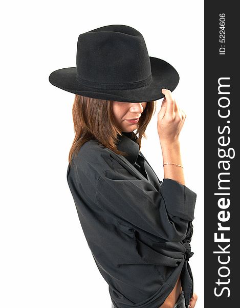 Girl in a black shirt and a cowboy s hat