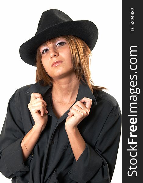 Girl In A Black Shirt And A Cowboy S Hat