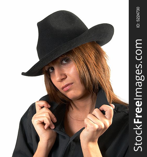 Girl In A Black Shirt And A Cowboy S Hat