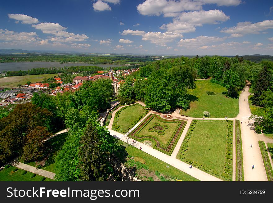 Gardens surrounding castle Hluboka located in south part of the Czech Republic viewed from castle tower. Gardens surrounding castle Hluboka located in south part of the Czech Republic viewed from castle tower