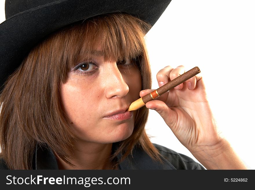 Girl In A Black Shirt And A Cowboy S Hat