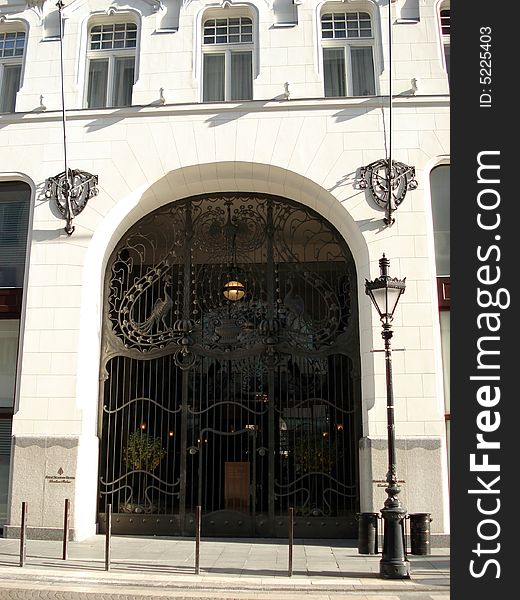 Beautiful secessionism style gate of Four Seasons hotel  in Budapest, a jewel of arts and crafts. Beautiful secessionism style gate of Four Seasons hotel  in Budapest, a jewel of arts and crafts