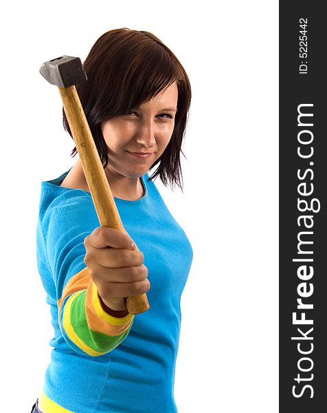 Woman holding a hammer on white. Woman holding a hammer on white