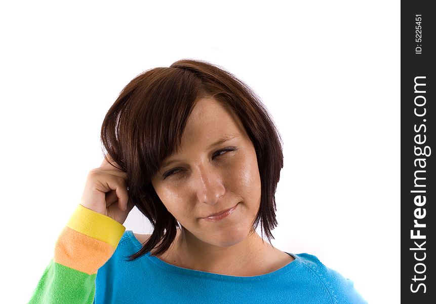 Thinking woman on white banner