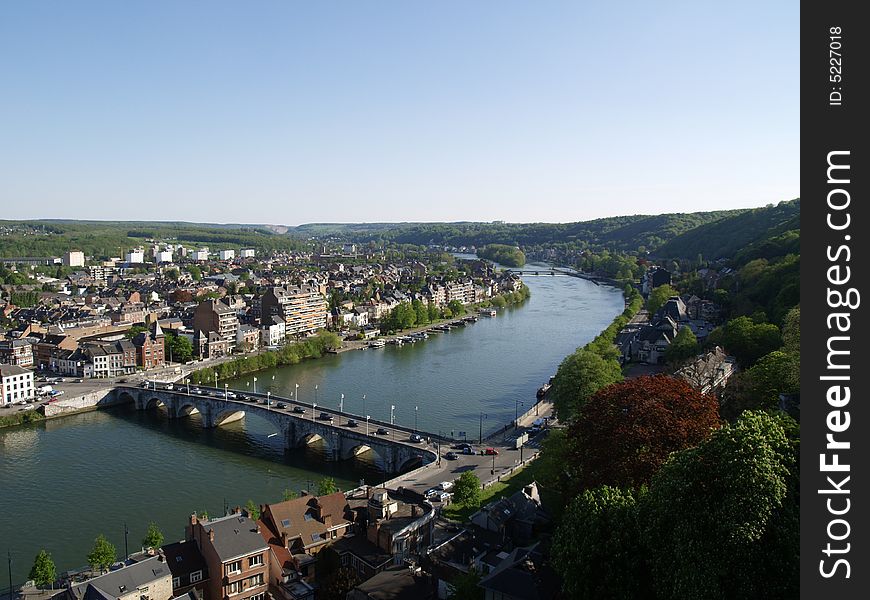 View of a small town with a river. View of a small town with a river.