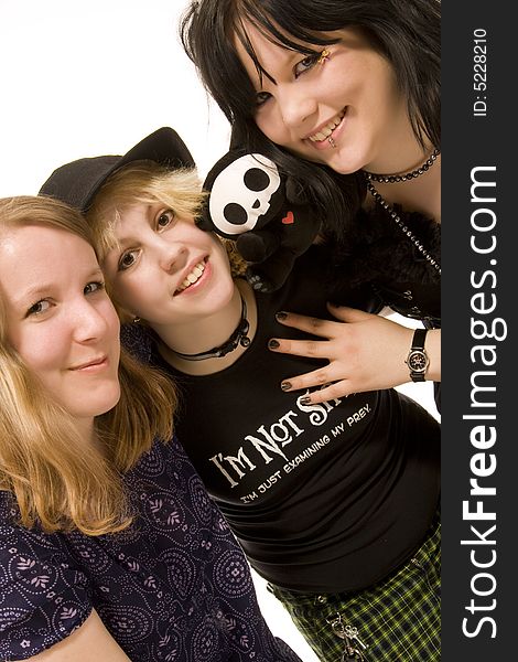 Three young girls on white background. Three young girls on white background