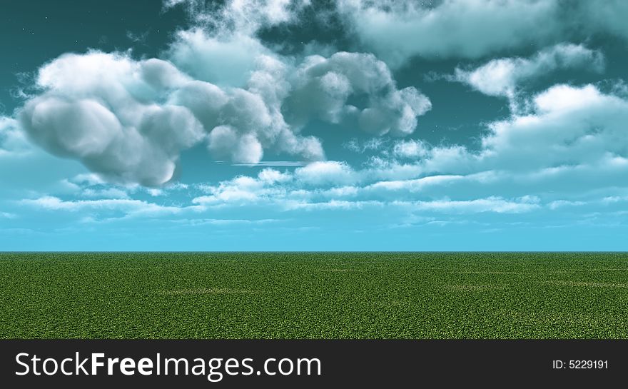 The green field and beautiful white clouds - digital artwork