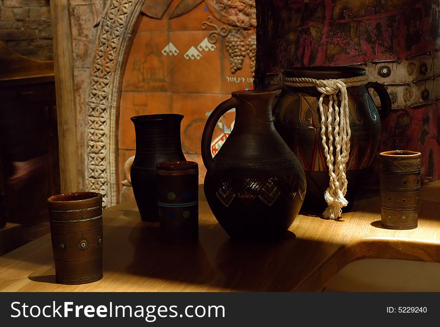 Interesting clay pots in an ancient interior. Interesting clay pots in an ancient interior