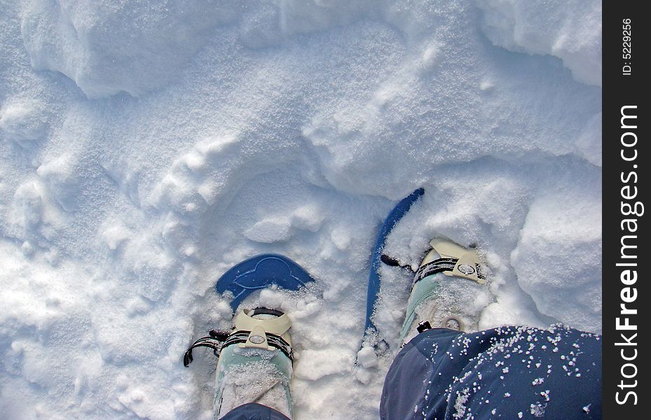 View from the top on a pair of snow shoes