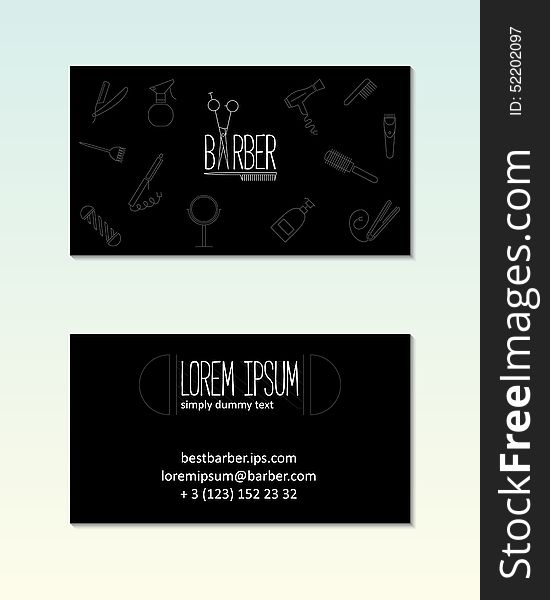 Barber shop visit card with line icons.