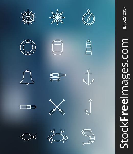 Set of marine linear icons on blurred background