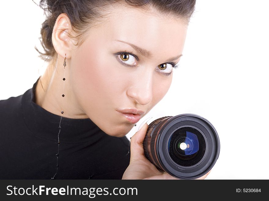Cute brunette with lens on white background. Cute brunette with lens on white background
