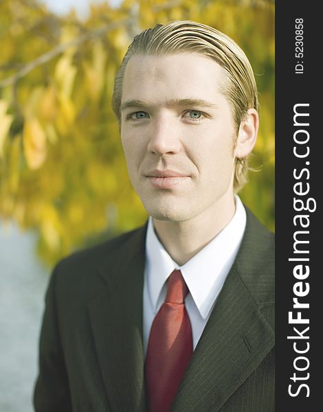 Close-up portrait of young businessman with blond hair and blue eyes wearing suit and tie