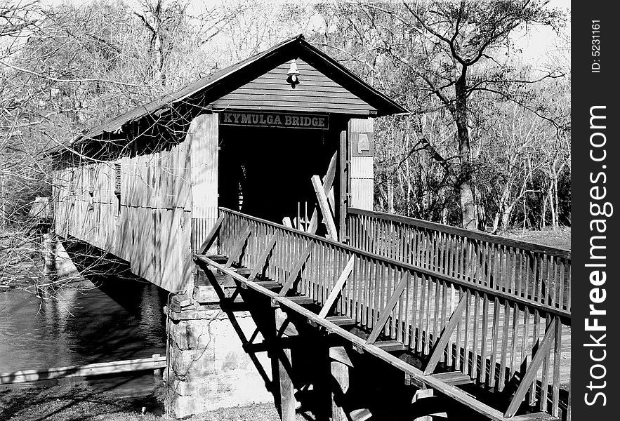 Covered Kymulga Bridge over river Alabama black and white B&W. Covered Kymulga Bridge over river Alabama black and white B&W