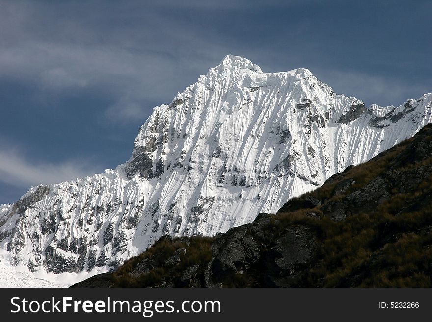 View on a famous snowcapped Chacraraju peak in Andes. Peru