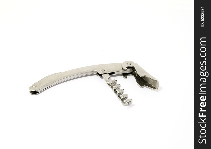 An open cork-screw placed over the white background