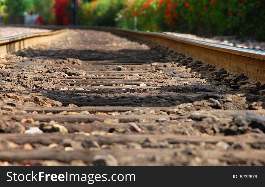 Close up of railroad tracks in perspective