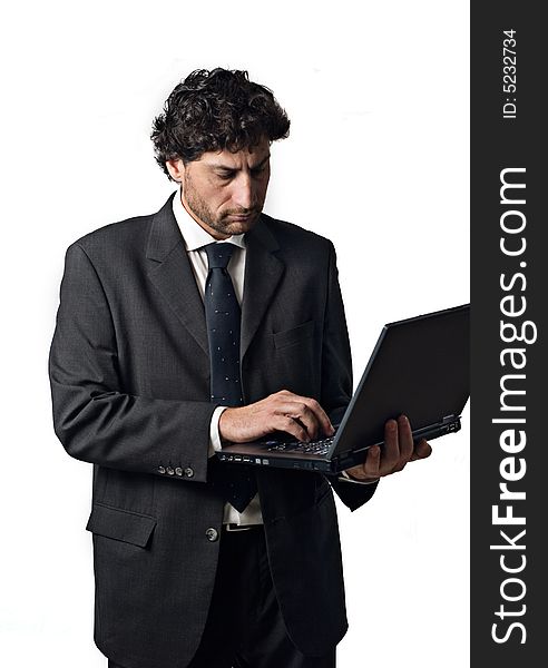 Businessman on the internet accessing www, white background. Businessman on the internet accessing www, white background