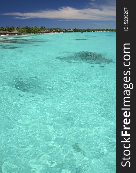 Famous travel destination Lagoon Rangiroa with over water bungalows. French Polynesia. Famous travel destination Lagoon Rangiroa with over water bungalows. French Polynesia