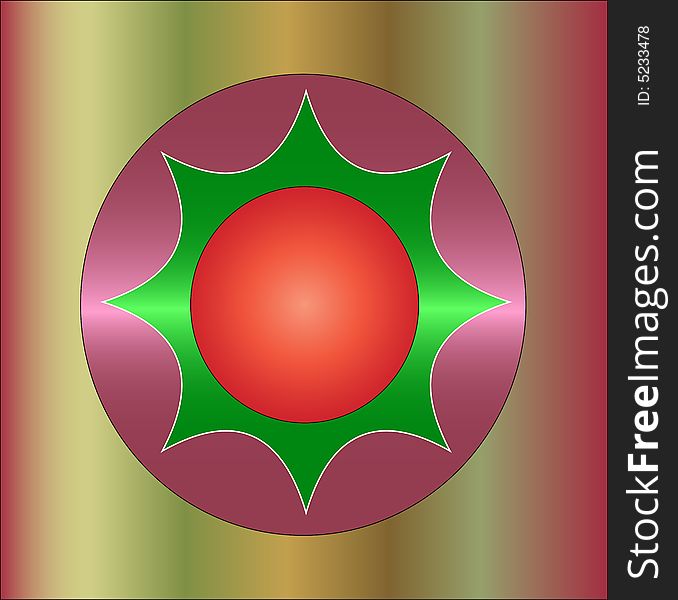 A button illustrated in shiny merun outside the shell and green inside the middle shell and red in the top most shell.