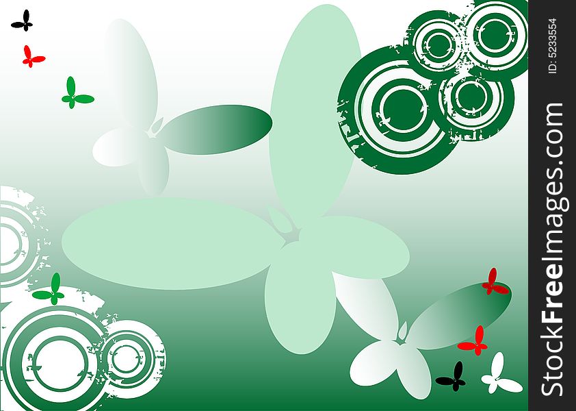 Abstract green background with colored butterfly shapes and grunge circles. Abstract green background with colored butterfly shapes and grunge circles