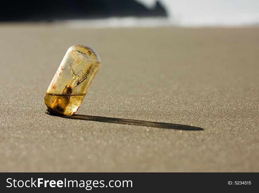 Old light bulb washed up on beach, half filled with water, environmental concept, shallow depth of field. Old light bulb washed up on beach, half filled with water, environmental concept, shallow depth of field