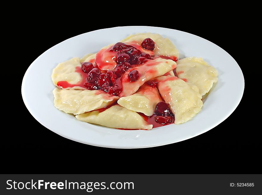 Crepe with jam filling on white plate