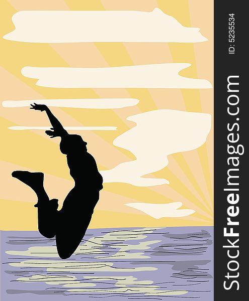 Illustration representing a man jumping, sunset on the ocean on the background. Illustration representing a man jumping, sunset on the ocean on the background